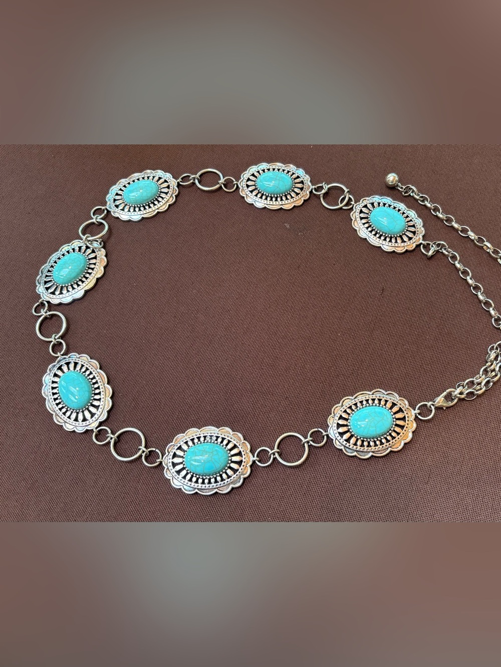 White Leather Western Belt with Turquoise Concho Chain Belt - Picture 2 of 6